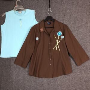 Blouse Tank Set Womens XL Brown Blue Flower Butterfly Las Olas Summer Shirt